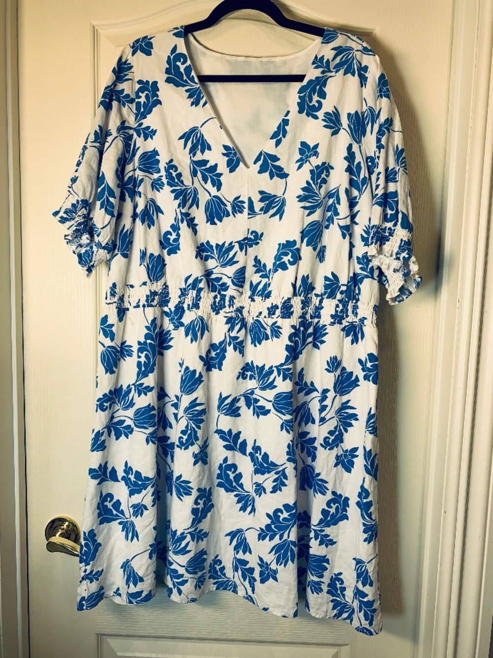 Blue & White Linen Blend Floral Midi Dress Plus Size 2X Cottagecore Boho Summer